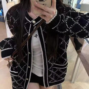 Rhombus Sweater Coat Women's Mid-length Gray Knitted Cardigan