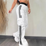 Partial Contrast Color Double Waist Leisure Sports Ribbon Wide-leg Overalls