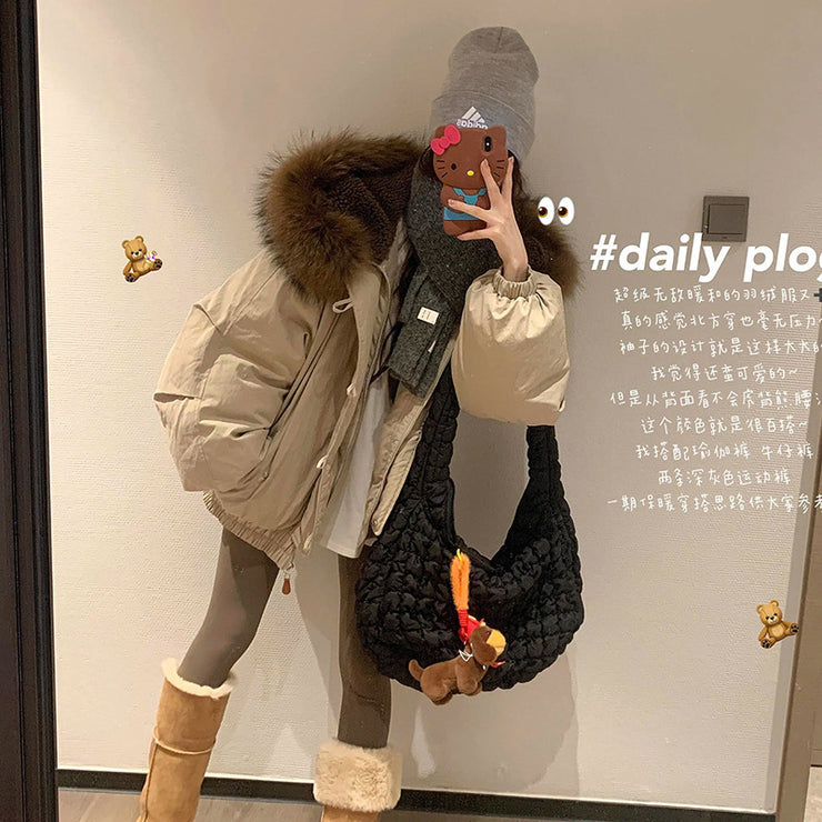 Retro Big Fur Collar Hooded Cotton Jacket Women&