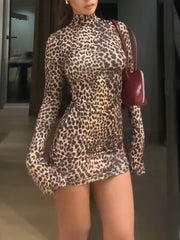 Sexy Leopard Print Long Sleeve Mini Dress