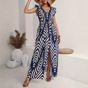 Printed Front Slit Waist V-neck Women's Elegant Dress