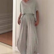 Solid Color Casual Loose Round Neck Wide Leg Pants Women's Suit