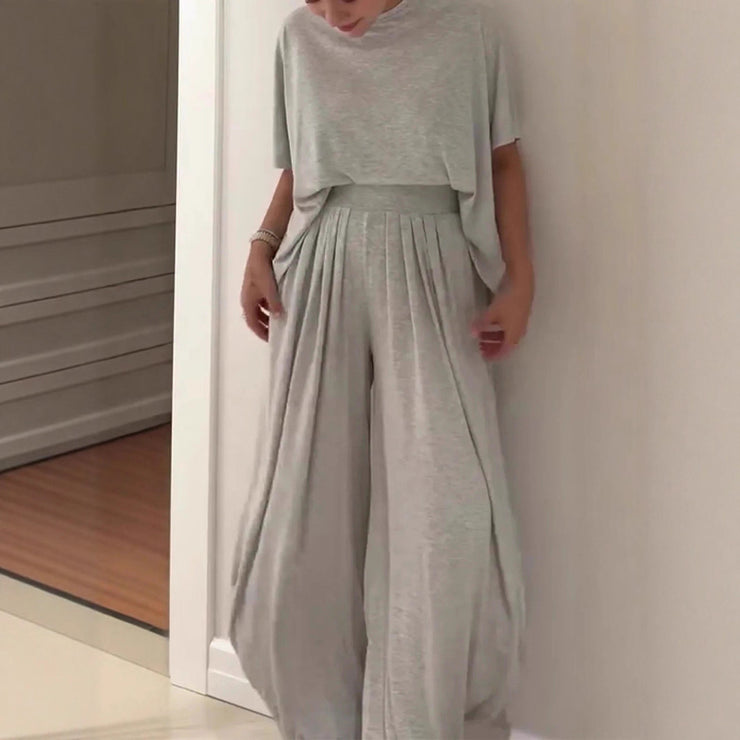 Solid Color Casual Loose Round Neck Wide Leg Pants Women&