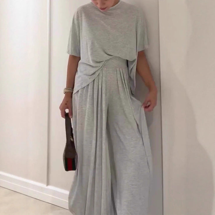 Solid Color Casual Loose Round Neck Wide Leg Pants Women&