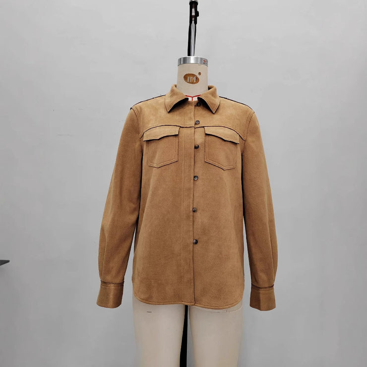 Lapel Multi-pocket Design Loose-fitting Women&